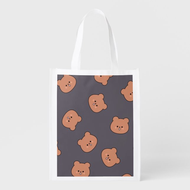 Cute Brown Teddy Bear Face Pattern Dark Blue Grocery Bag (Front)