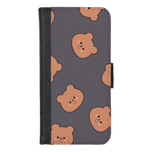 Cute Brown Teddy Bear Face Pattern Dark Blue iPhone 8/7 Wallet Case