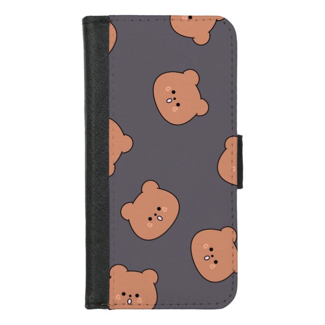 Cute Brown Teddy Bear Face Pattern Dark Blue iPhone Wallet Case (Front)