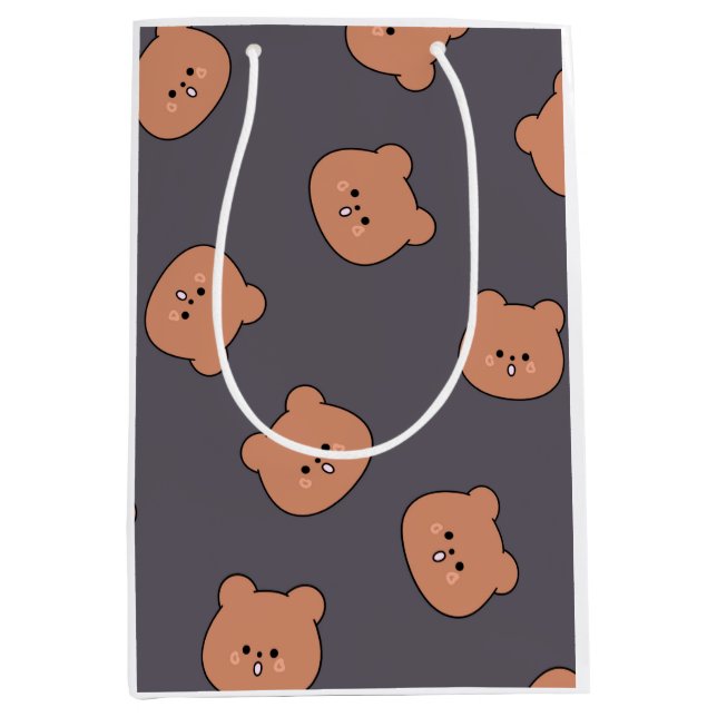 Cute Brown Teddy Bear Face Pattern Dark Blue Medium Gift Bag (Front)