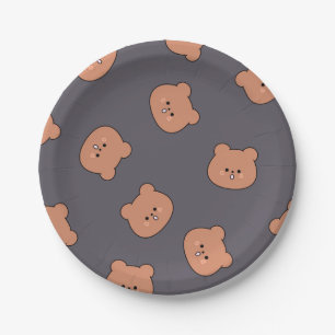 Cute Brown Teddy Bear Face Pattern Dark Blue Paper Plates