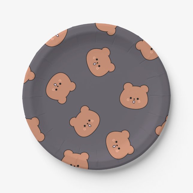 Cute Brown Teddy Bear Face Pattern Dark Blue Paper Plates (Front)