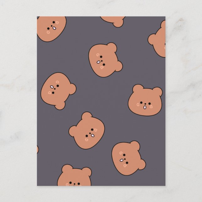 Cute Brown Teddy Bear Face Pattern Dark Blue Postcard (Front)