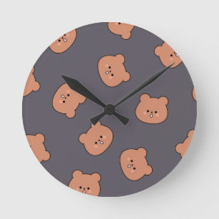 Cute Brown Teddy Bear Face Pattern Dark Blue Round Clock