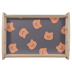 Cute Brown Teddy Bear Face Pattern Dark Blue Serving Tray