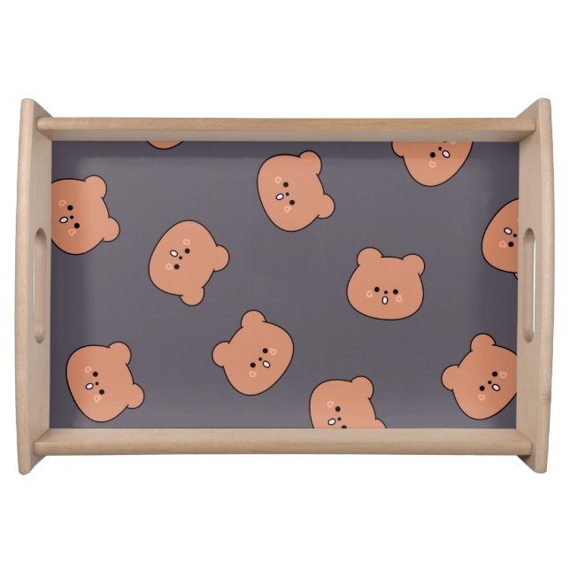 Cute Brown Teddy Bear Face Pattern Dark Blue Serving Tray (Front)