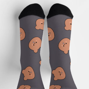 Cute Brown Teddy Bear Face Pattern Dark Blue Socks