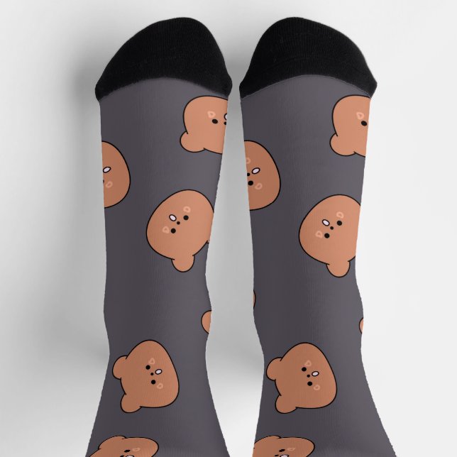 Cute Brown Teddy Bear Face Pattern Dark Blue Socks (Top)