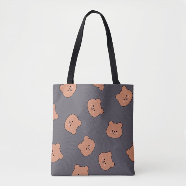 Cute Brown Teddy Bear Face Pattern Dark Blue Tote Bag (Front)