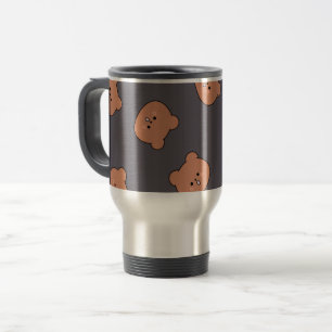 Cute Brown Teddy Bear Face Pattern Dark Blue Travel Mug