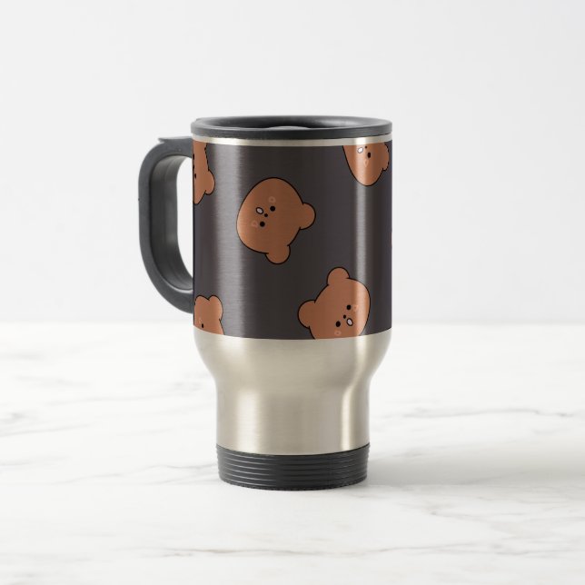 Cute Brown Teddy Bear Face Pattern Dark Blue Travel Mug (Front Left)