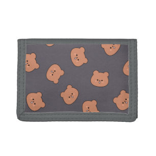 Cute Brown Teddy Bear Face Pattern Dark Blue Trifold Wallet