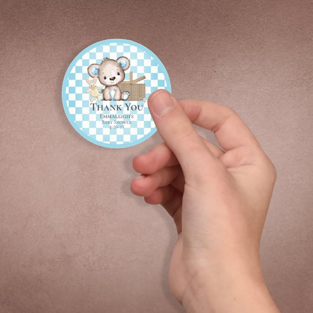 Cute Brown Teddy Bear Picnic Baby Shower Favors Classic Round Sticker (Creator Uploaded)