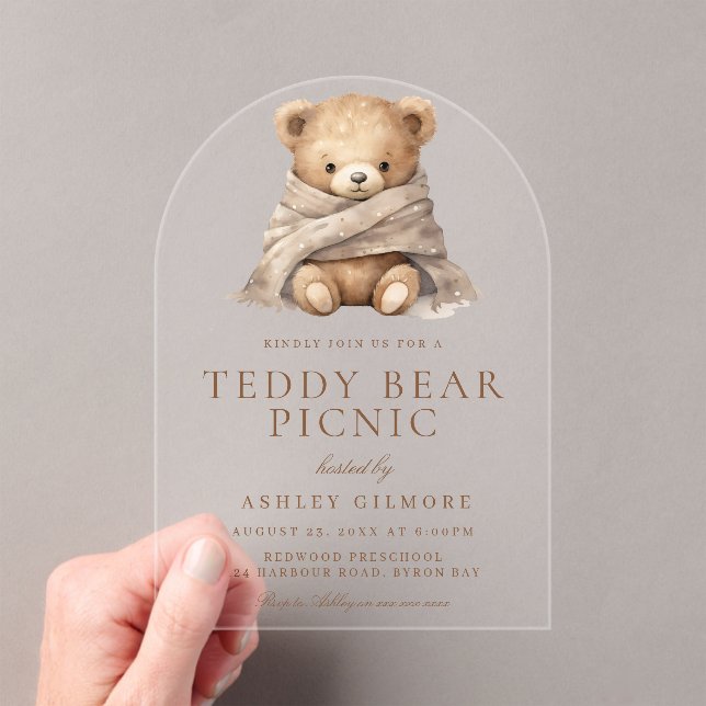 Cute Brown Teddy Bear Picnic Play Date Acrylic Invitations (Insitu (Handheld))