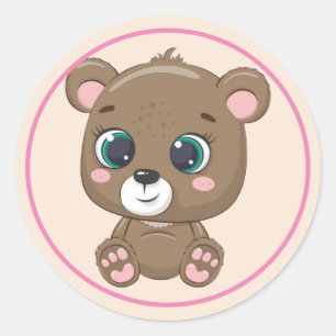 Cute Brown Teddy Bear with Pink Ears and Paws Classic Round Sticker