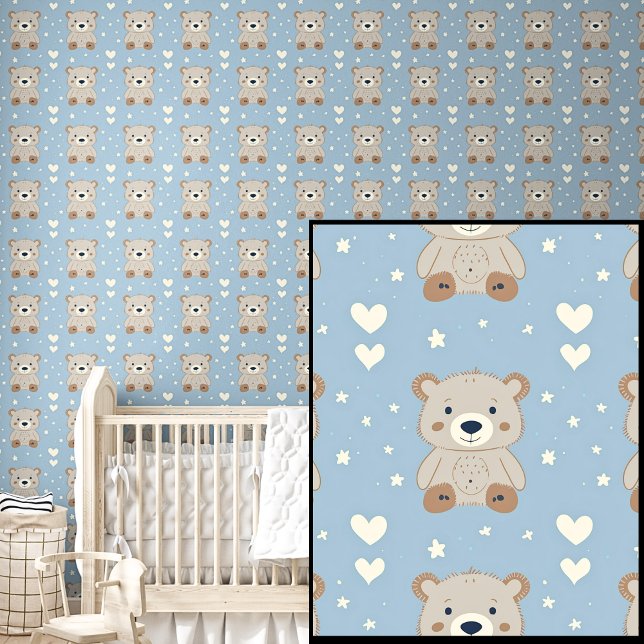 Cute Brown Teddy Bears White Stars & Heart on Blue Wallpaper (Creator Uploaded)