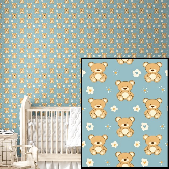 Cute Brown Teddy Bears White Stars on Aqua Blue Wallpaper (Creator Uploaded)