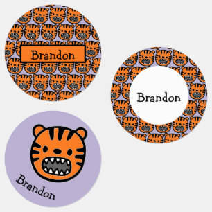 Cute brown tiger face purple pattern kids' labels