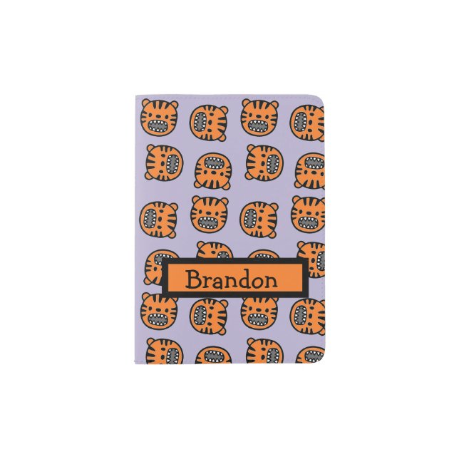 Cute brown tiger face purple pattern passport holder (Front)
