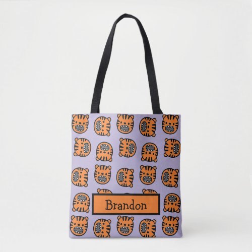 Cute brown tiger face purple pattern tote bag