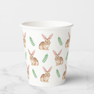 Cute Brown Watercolor Bunny And Greenery Pattern Paper Cups