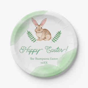 Cute Brown Watercolor Bunny With Greenery Easter Paper Plates