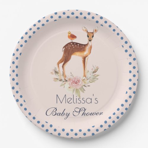 Cute Brown Watercolor Deer Rustic Baby Shower Paper Plates