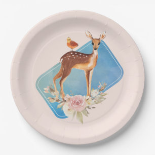 Cute Brown Watercolor Deer Rustic Elegance Paper Plates