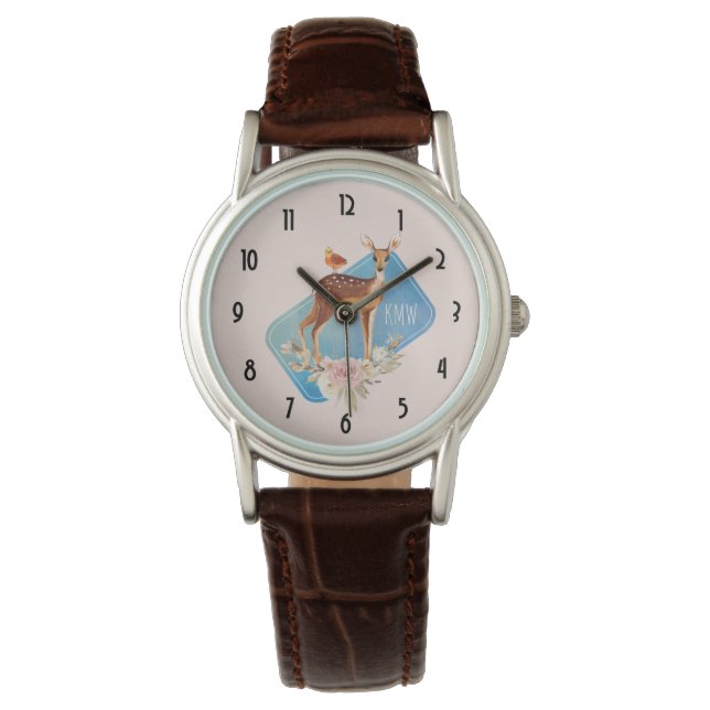 Cute Brown Watercolor Deer Rustic Elegance Watch (Front)