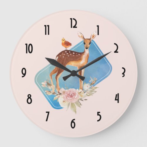 Cute Brown Watercolor Deer Rustic Large Clock