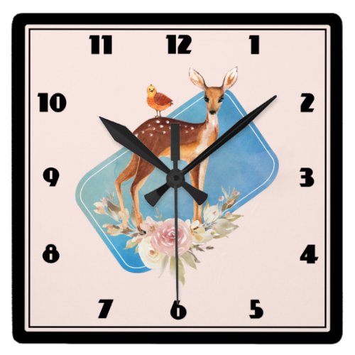 Cute Brown Watercolor Deer Rustic Square Wall Clock