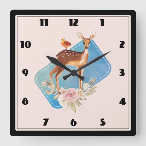 Cute Brown Watercolor Deer Rustic Square Wall Clock