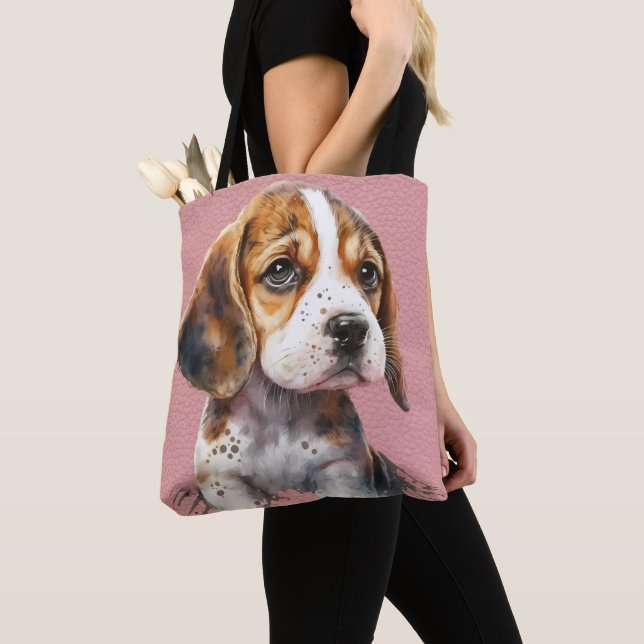 CUTE BROWN & WHITE BEAGLE PUPPY DOG TOTE BAG (Close Up)