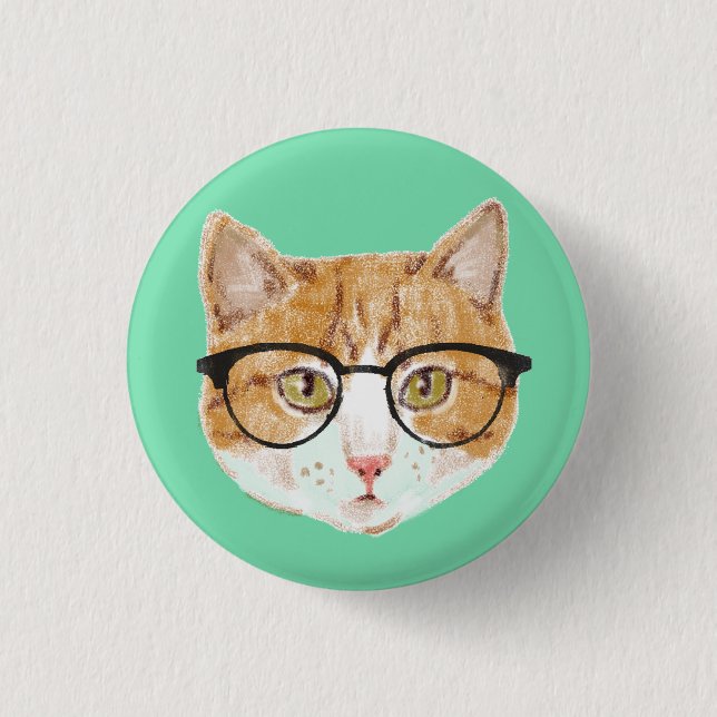Cute Brown & White Cat Wearing Glasses Button (Front)