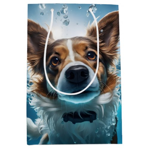 Cute Brown White Dog Underwater Swimming Collar Medium Gift Bag