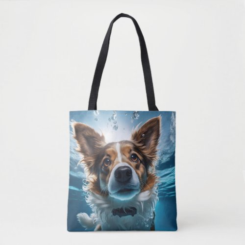 Cute Brown White Dog Underwater Swimming Collar Tote Bag