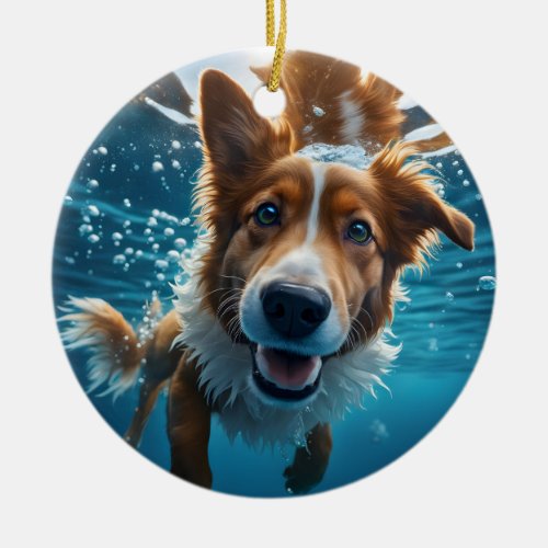 Cute Brown White Dog Underwater Swimming Ornament
