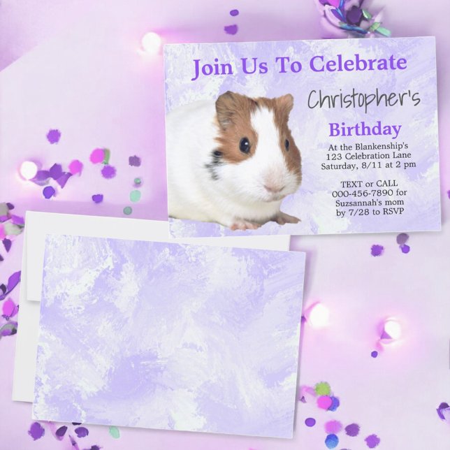 Cute Brown White  Guinea Pig Custom Purple Party Invitation (party invitation front and back)