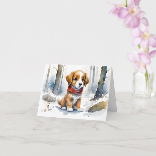 Cute Brown White Puppy Red Scarf Blank Greeting Card