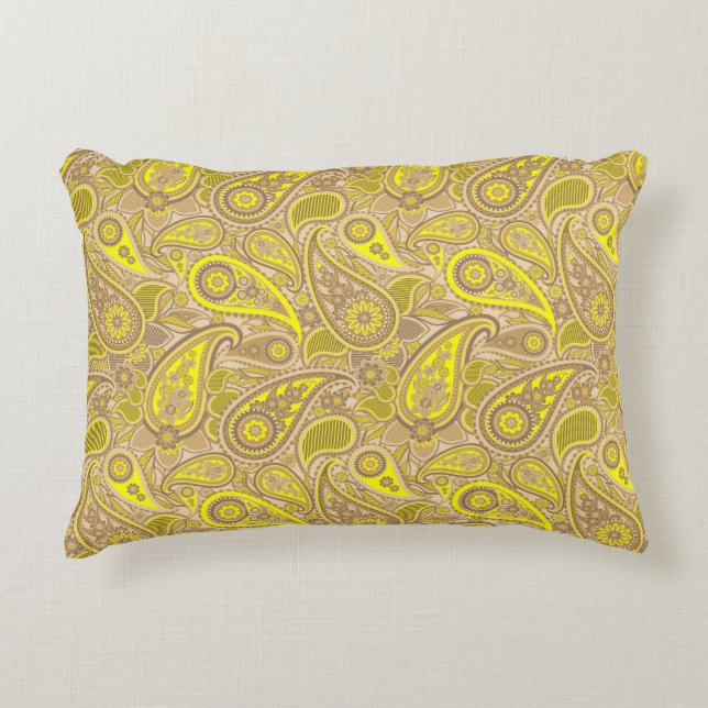 Cute brown yellow paisley pattern accent pillow (Front)