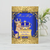 Cute Brunette Baby Shower Boy Regal Royal Blue Invitation (Standing Front)