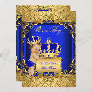 Cute Brunette Baby Shower Boy Regal Royal Blue Invitation