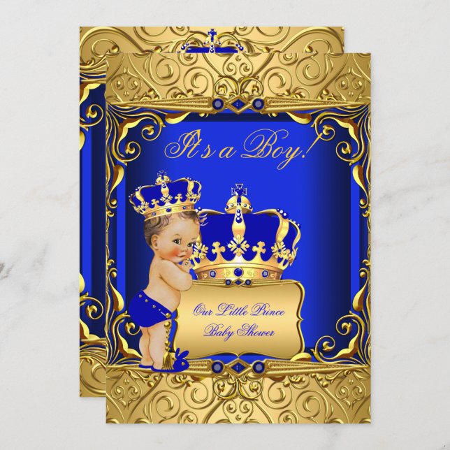 Cute Brunette Baby Shower Boy Regal Royal Blue Invitation (Front/Back)