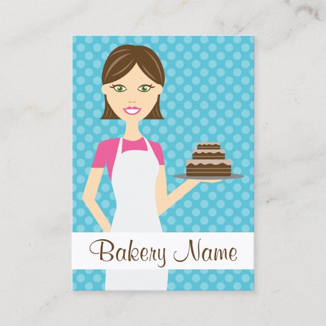 Cute Brunette Baker Woman Illustration Business Card (Front)