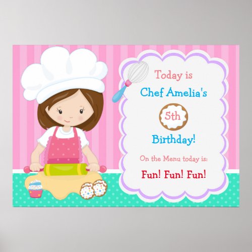 Cute Brunette Baking Girl Birthday Poster