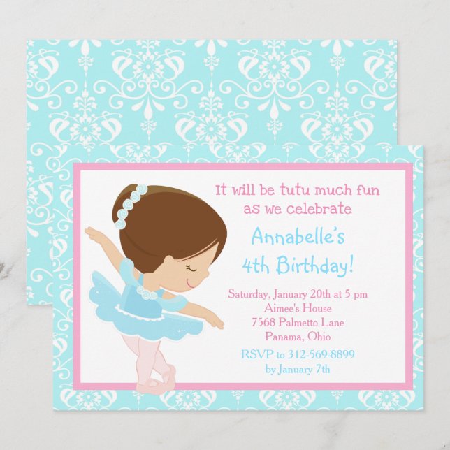 Cute Brunette Ballerina and Blue Damask Invitation (Front/Back)