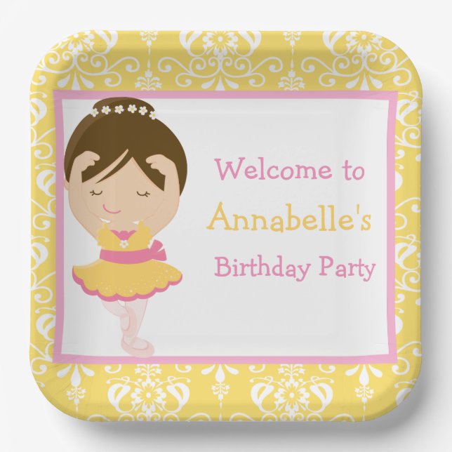 Cute Brunette Ballerina Birthday Party Paper Plates (Front)