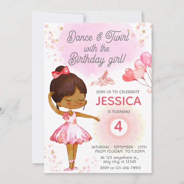 Cute Brunette Ballerina girl birthday ballet  Invitation (Front)
