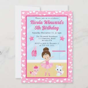 Cute Brunette Ballerina Kids Birthday  Invitation