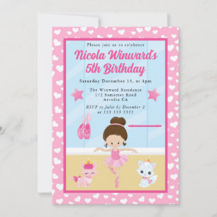 Cute Brunette Ballerina Kids Birthday  Invitation